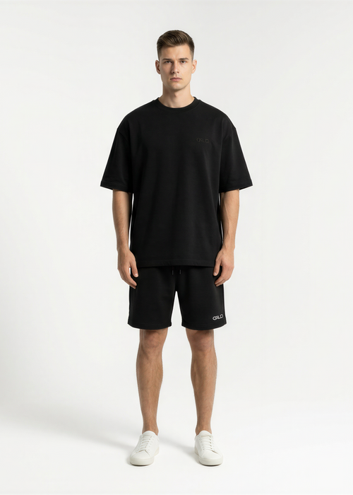 GRUD Clothing Essentials Oversized Shorts in black — heavyweight fleece, relaxed fit