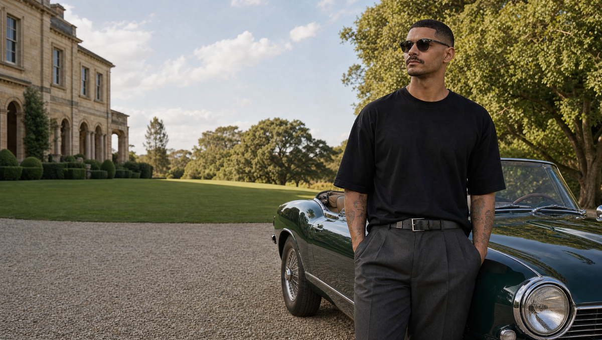 Man in the GRUD heavyweight black tee beside a classic car outside a sandstone mansion