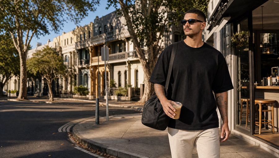 Man in the GRUD black tee leaving a Sydney terrace-street cafe